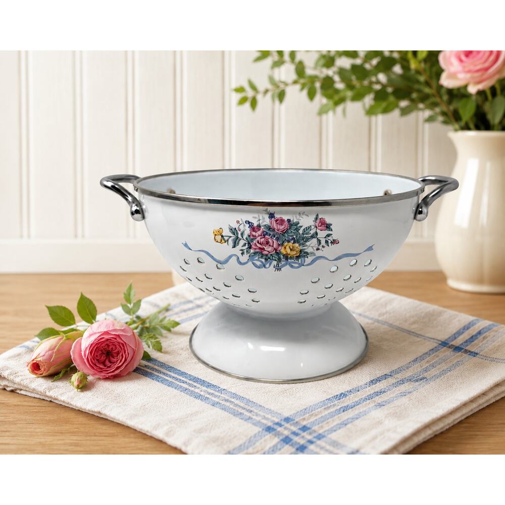 Vintage Enamelware Colander Floral Design Pedestal Strainer Cottage Kitchen